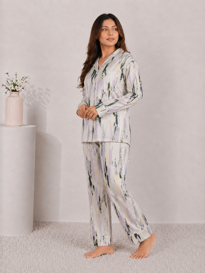 Ethereal Mist Luxury Linen Night Suit – Pastel Abstract Watercolor Full-Sleeve Loungewear Set