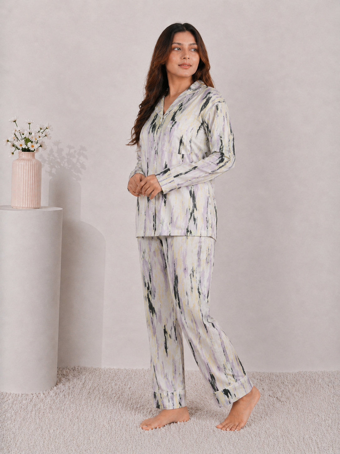 Ethereal Mist Luxury Linen Night Suit – Pastel Abstract Watercolor Full-Sleeve Loungewear Set
