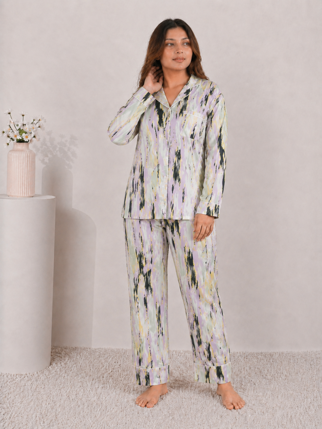 Ethereal Mist Luxury Linen Night Suit – Pastel Abstract Watercolor Full-Sleeve Loungewear Set