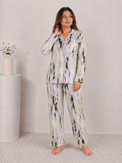 Ethereal Mist Luxury Linen Night Suit – Pastel Abstract Watercolor Full-Sleeve Loungewear Set