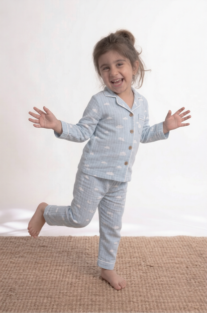 Mini Cloud Drift Premium Cotton Night Suit – Sky Blue Kids' Full-Sleeve Pajama Set