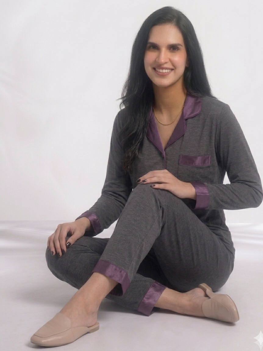 Charcoal Amethyst Premium Jersey Night Suit – Deep Grey & Satin Purple Loungewear Set