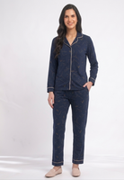 Midnight Constellation Premium Cotton Night Suit – Navy Blue Long-Sleeve Pajama Set