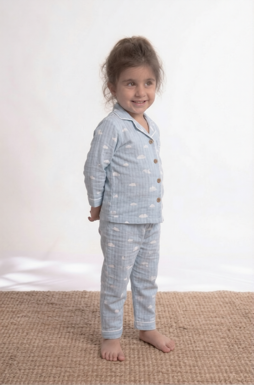 Mini Cloud Drift Premium Cotton Night Suit – Sky Blue Kids' Full-Sleeve Pajama Set
