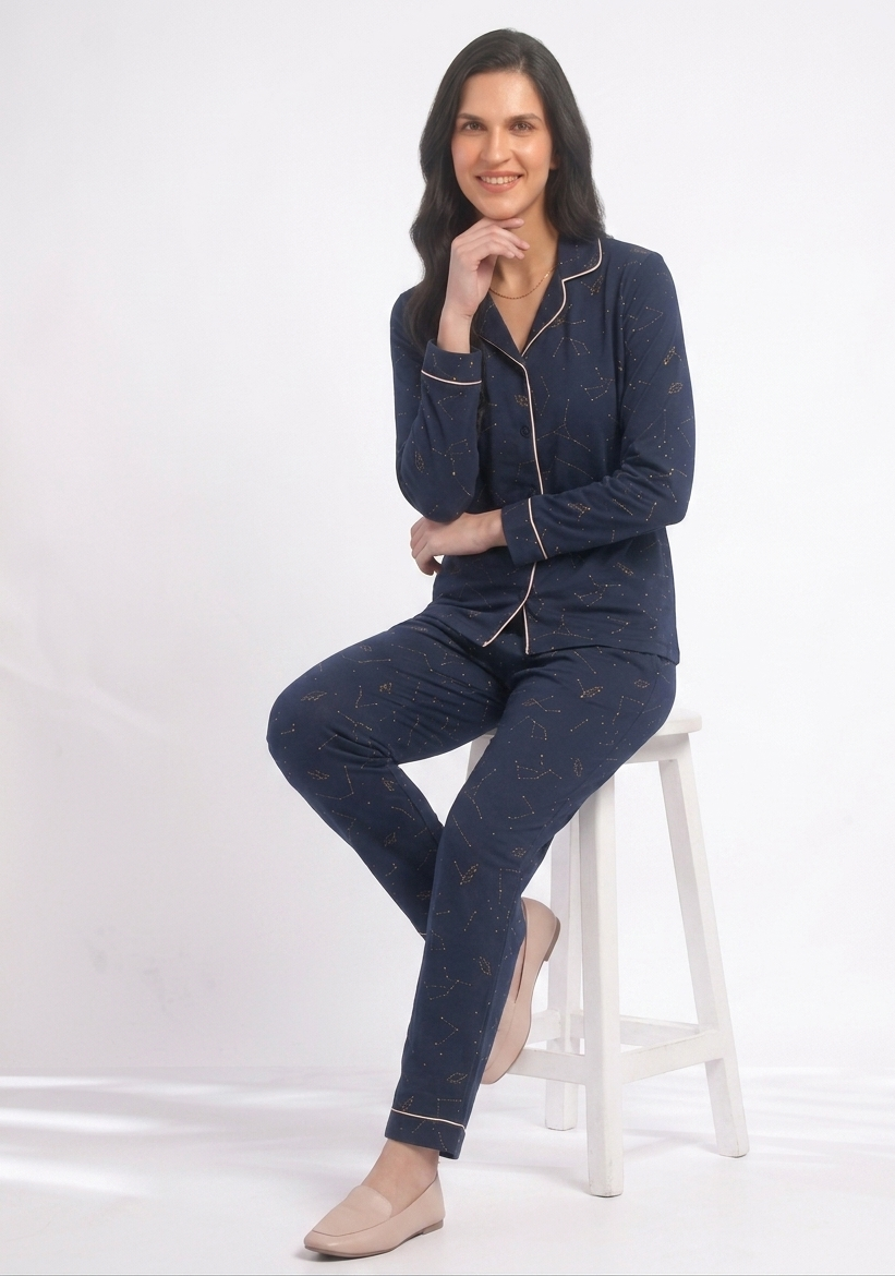 Midnight Constellation Premium Cotton Night Suit – Navy Blue Long-Sleeve Pajama Set