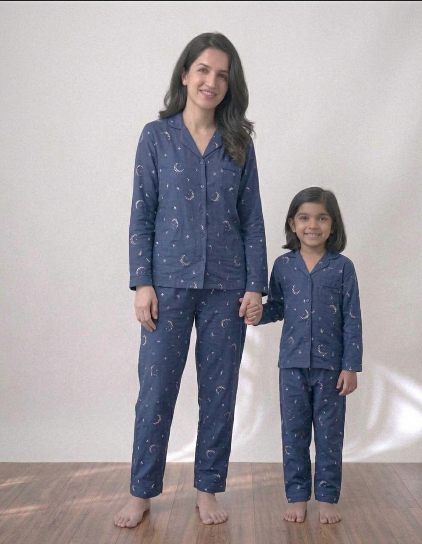 Mommy & Me Celestial Navy Set – Matching Premium Cotton Mother-Daughter Night Suits