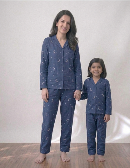 Mommy & Me Celestial Navy Set – Matching Premium Cotton Mother-Daughter Night Suits