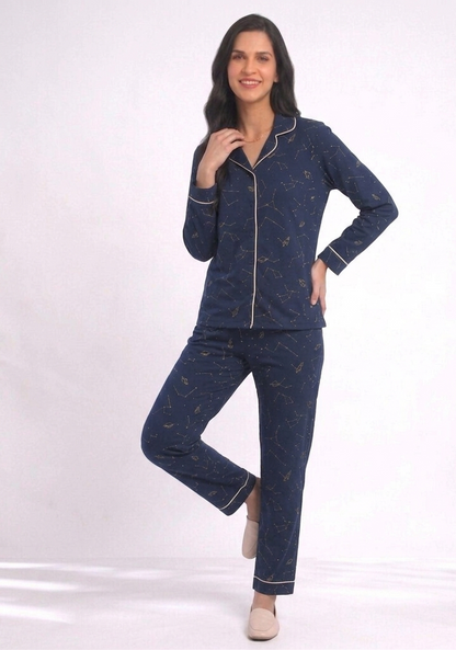 Midnight Constellation Premium Cotton Night Suit – Navy Blue Long-Sleeve Pajama Set