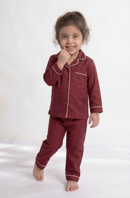 Mini Maroon Herringbone Premium Cotton Night Suit – Kids' Full-Sleeve Pajama Set