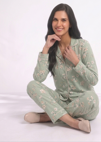 Bloom in Mint Premium Cotton Night Suit – Floral Blossom Full-Sleeve Pajama Set