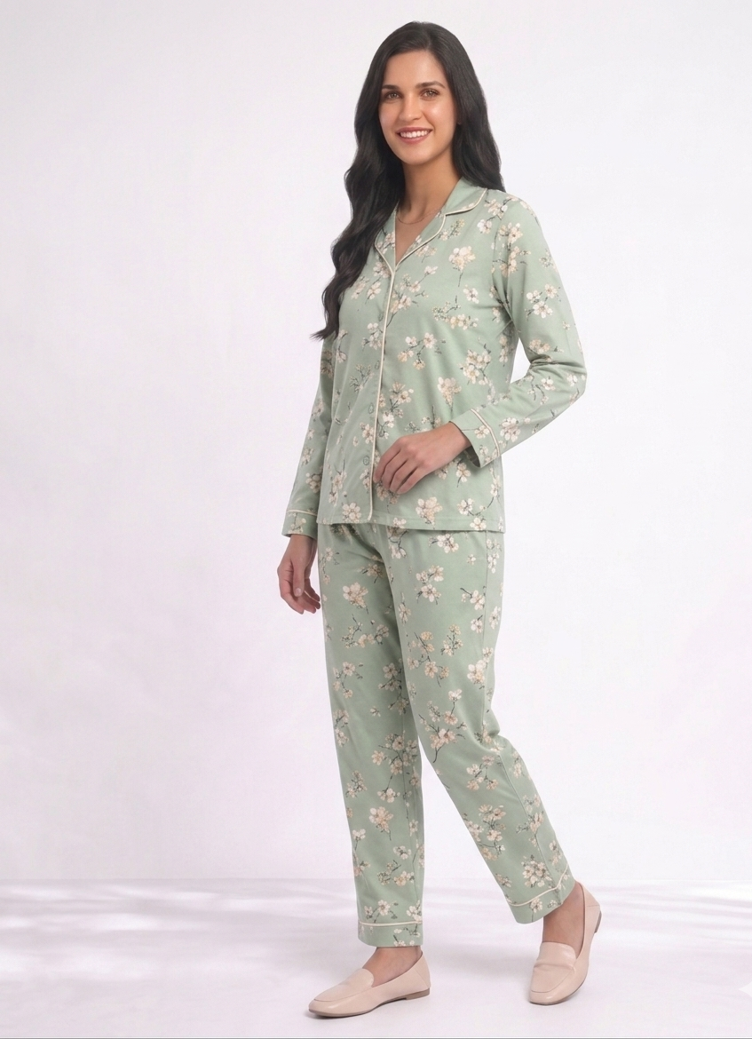 Bloom in Mint Premium Cotton Night Suit – Floral Blossom Full-Sleeve Pajama Set