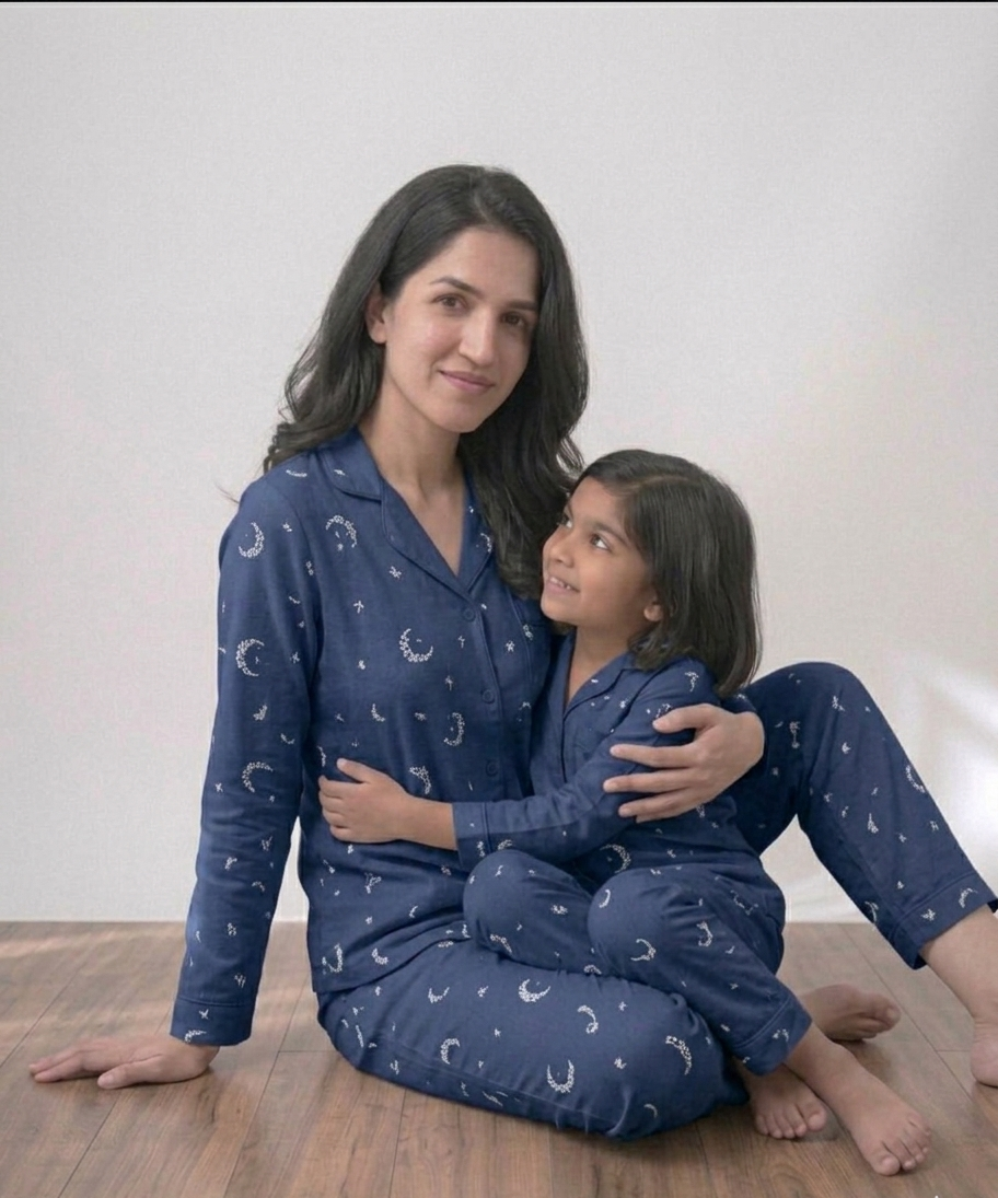 Mommy & Me Celestial Navy Set – Matching Premium Cotton Mother-Daughter Night Suits