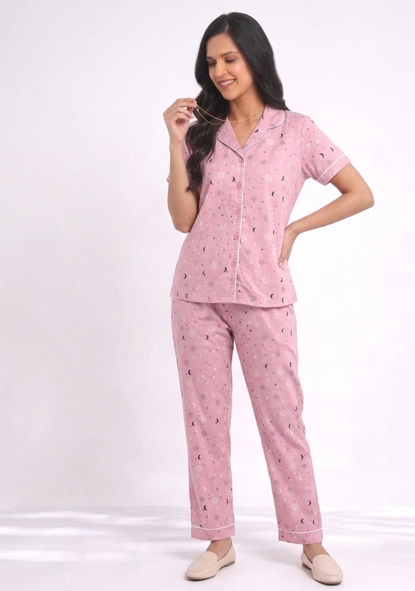 Celestial Dream Premium Cotton Night Suit – Blush Pink Short-Sleeve Pajama Set
