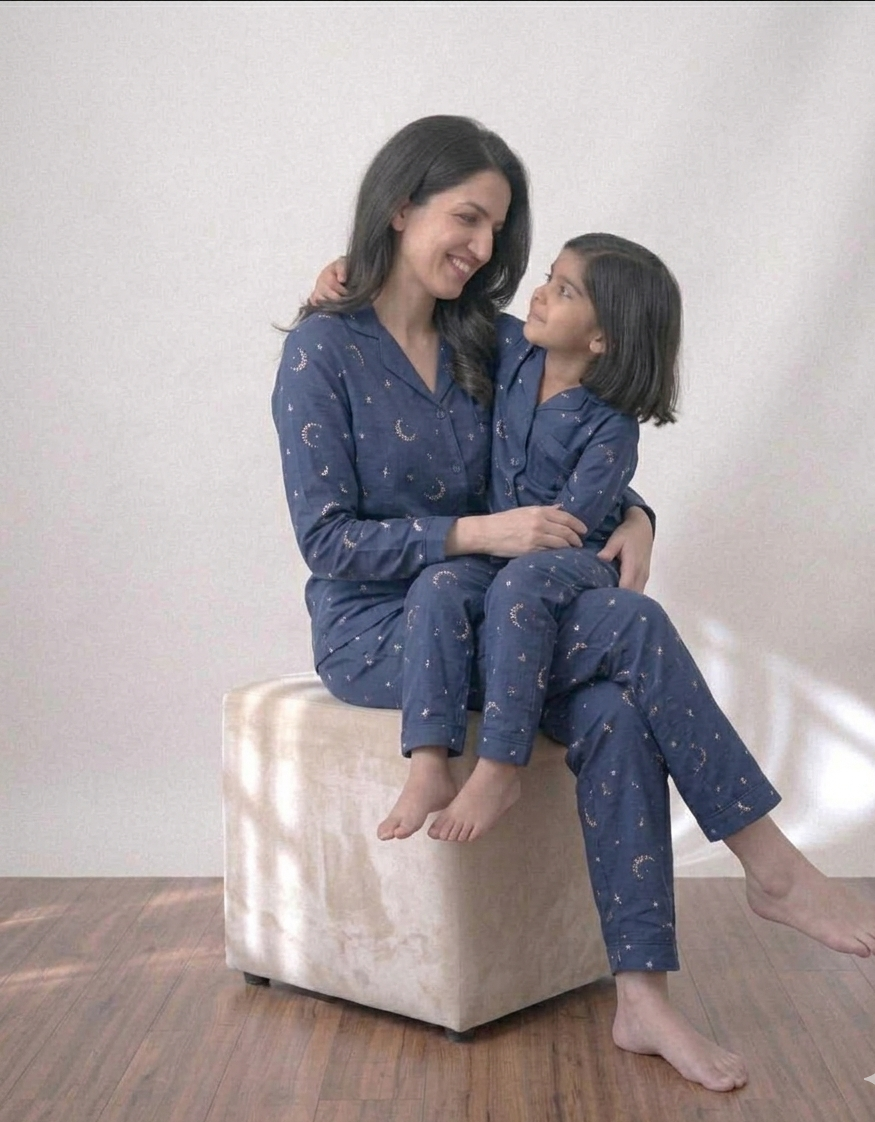 Mommy & Me Celestial Navy Set – Matching Premium Cotton Mother-Daughter Night Suits
