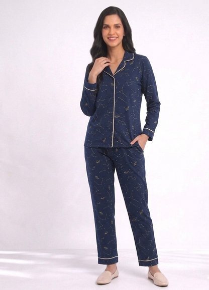 Midnight Constellation Premium Cotton Night Suit – Navy Blue Long-Sleeve Pajama Set