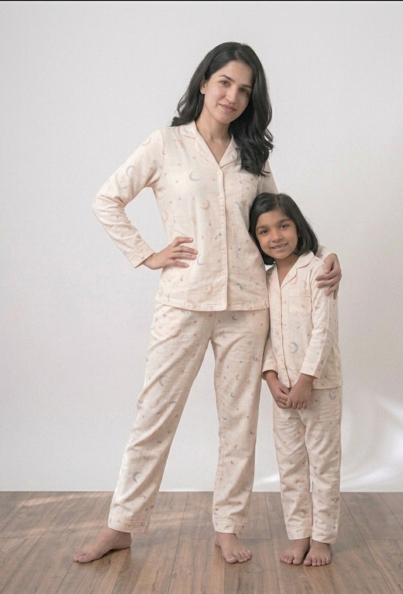 Mommy & Me Peaches & Cream Celestial Set – Matching Premium Cotton Mother-Daughter Night Suits