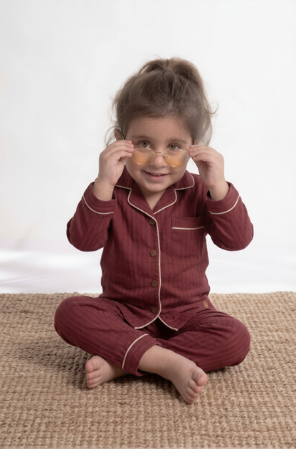 Mini Maroon Herringbone Premium Cotton Night Suit – Kids' Full-Sleeve Pajama Set