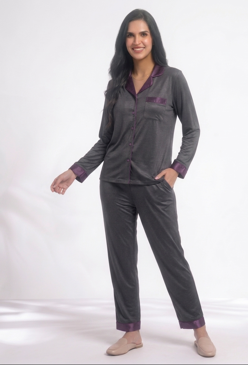 Charcoal Amethyst Premium Jersey Night Suit – Deep Grey & Satin Purple Loungewear Set