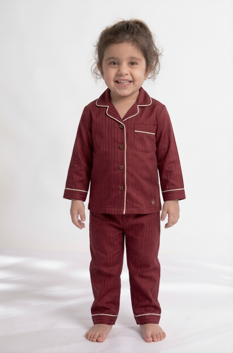 Mini Maroon Herringbone Premium Cotton Night Suit – Kids' Full-Sleeve Pajama Set