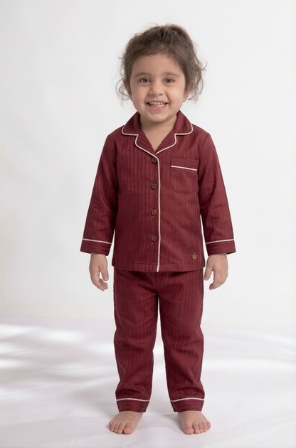 Mini Maroon Herringbone Premium Cotton Night Suit – Kids' Full-Sleeve Pajama Set