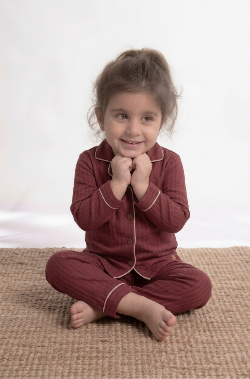 Mini Maroon Herringbone Premium Cotton Night Suit – Kids' Full-Sleeve Pajama Set