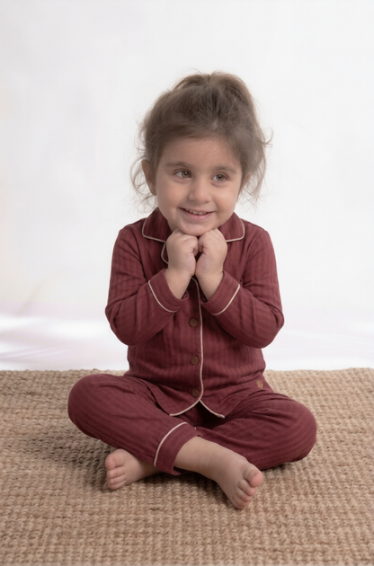 Mini Maroon Herringbone Premium Cotton Night Suit – Kids' Full-Sleeve Pajama Set