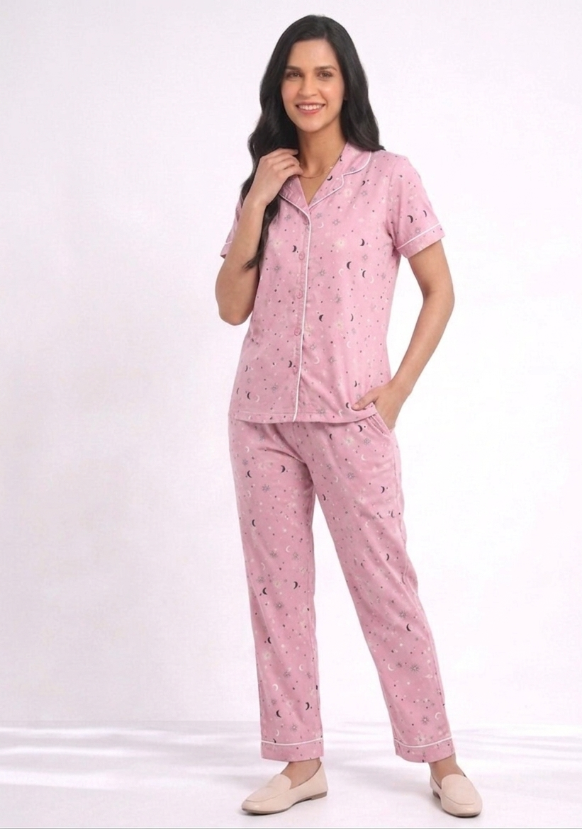 Celestial Dream Premium Cotton Night Suit – Blush Pink Short-Sleeve Pajama Set
