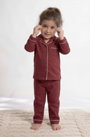 Mini Maroon Herringbone Premium Cotton Night Suit – Kids' Full-Sleeve Pajama Set