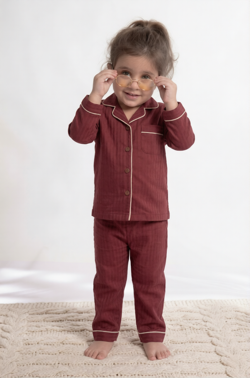 Mini Maroon Herringbone Premium Cotton Night Suit – Kids' Full-Sleeve Pajama Set