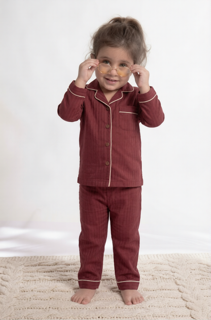 Mini Maroon Herringbone Premium Cotton Night Suit – Kids' Full-Sleeve Pajama Set