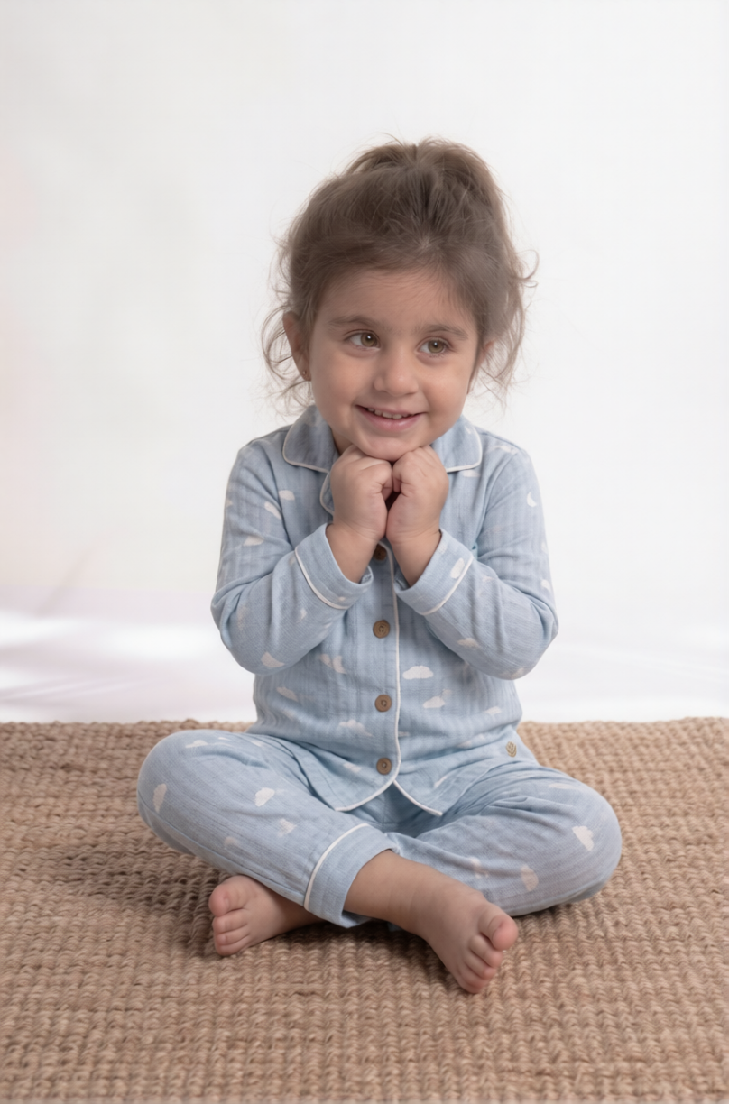 Mini Cloud Drift Premium Cotton Night Suit – Sky Blue Kids' Full-Sleeve Pajama Set