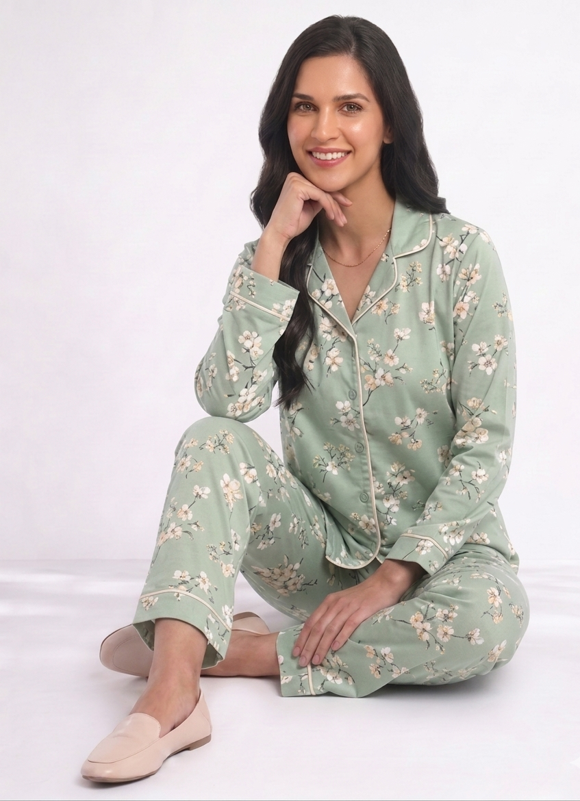 Bloom in Mint Premium Cotton Night Suit – Floral Blossom Full-Sleeve Pajama Set