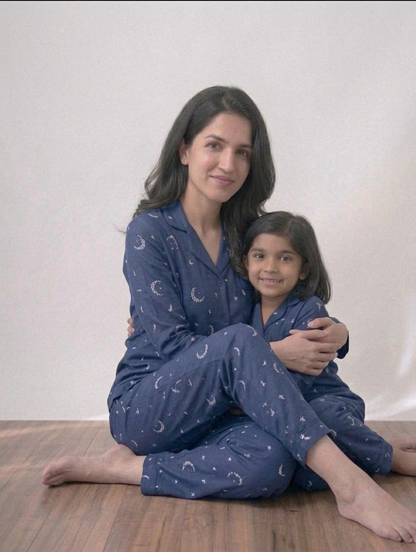 Mommy & Me Celestial Navy Set – Matching Premium Cotton Mother-Daughter Night Suits