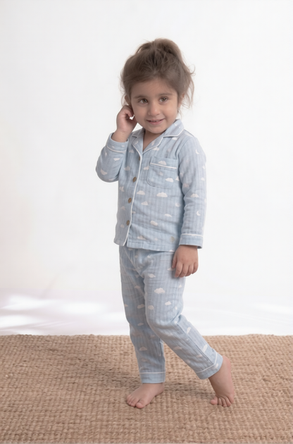 Mini Cloud Drift Premium Cotton Night Suit – Sky Blue Kids' Full-Sleeve Pajama Set