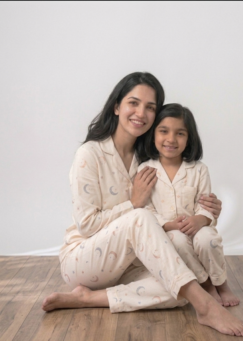 Mommy & Me Peaches & Cream Celestial Set – Matching Premium Cotton Mother-Daughter Night Suits