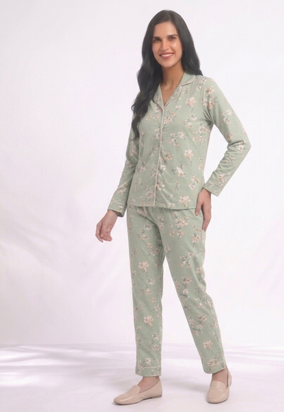 Bloom in Mint Premium Cotton Night Suit – Floral Blossom Full-Sleeve Pajama Set