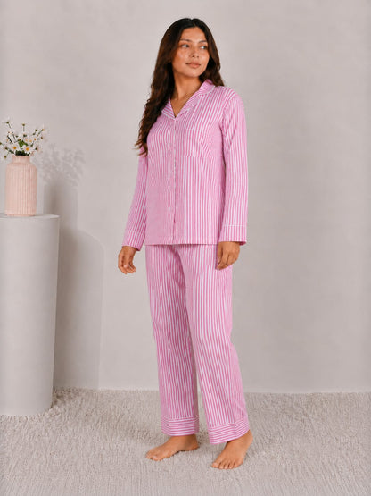 Blush Candy Luxury Linen Night Suit – Classic Pink & White Vertical Striped Full-Sleeve Loungewear Set