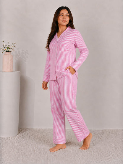 Blush Candy Luxury Linen Night Suit – Classic Pink & White Vertical Striped Full-Sleeve Loungewear Set