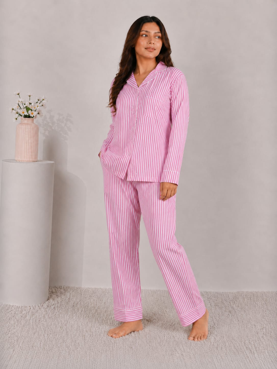 Blush Candy Luxury Linen Night Suit – Classic Pink & White Vertical Striped Full-Sleeve Loungewear Set
