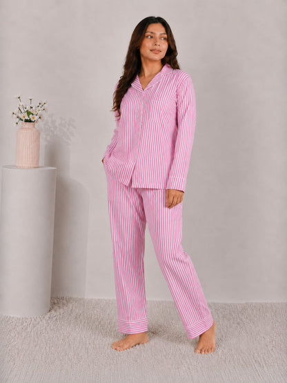 Blush Candy Luxury Linen Night Suit – Classic Pink & White Vertical Striped Full-Sleeve Loungewear Set