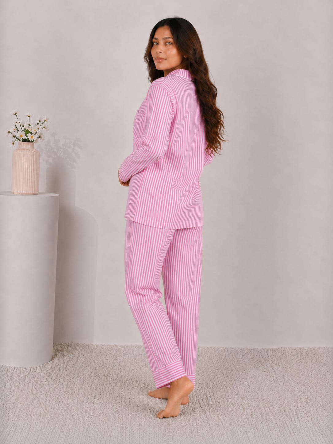 Blush Candy Luxury Linen Night Suit – Classic Pink & White Vertical Striped Full-Sleeve Loungewear Set