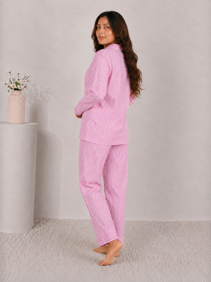 Blush Candy Luxury Linen Night Suit – Classic Pink & White Vertical Striped Full-Sleeve Loungewear Set