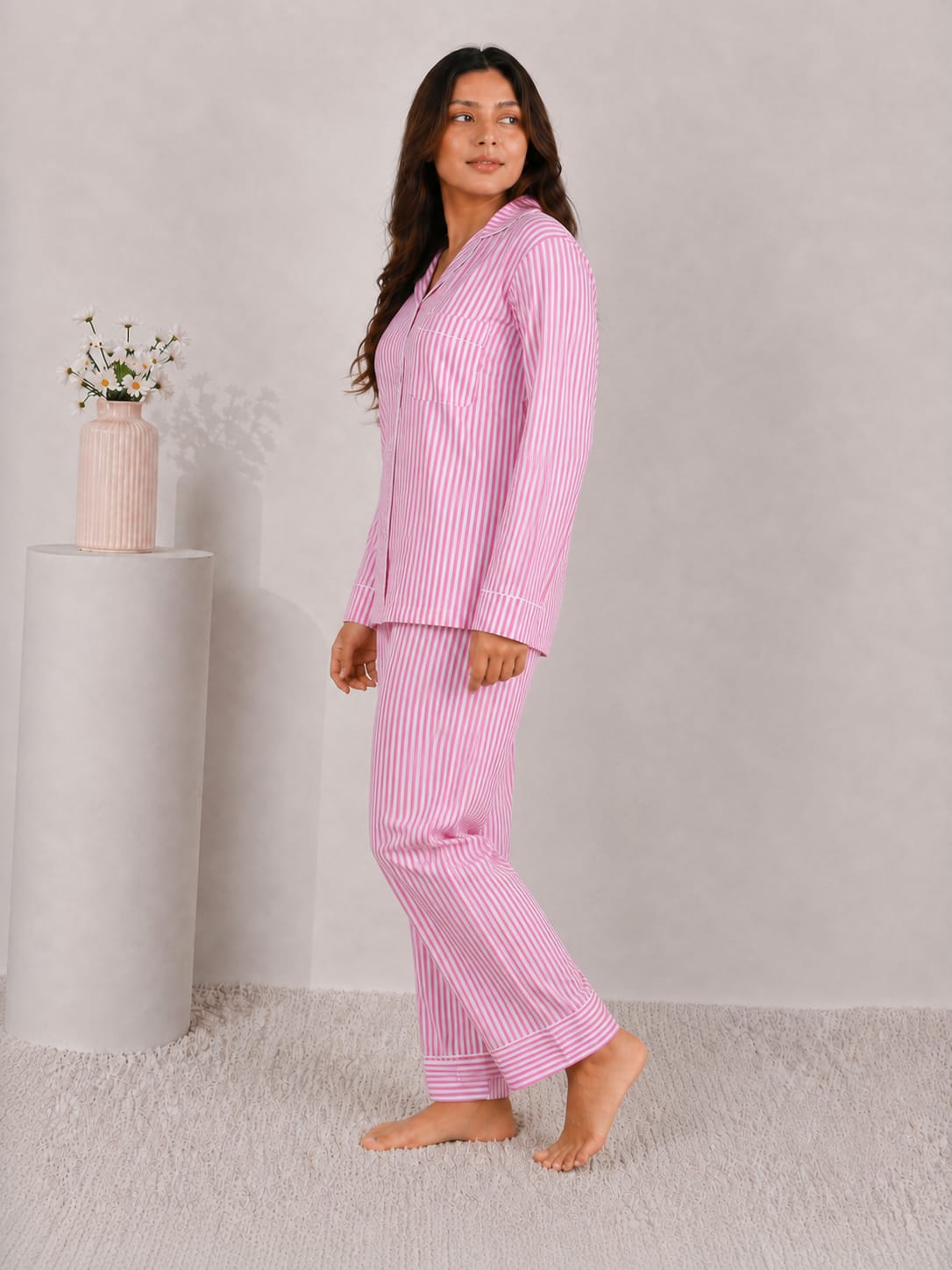Blush Candy Luxury Linen Night Suit – Classic Pink & White Vertical Striped Full-Sleeve Loungewear Set