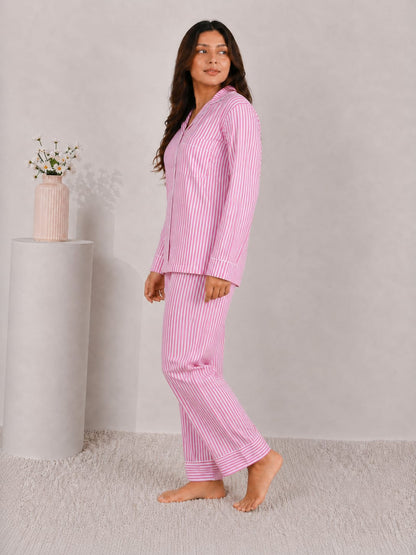 Blush Candy Luxury Linen Night Suit – Classic Pink & White Vertical Striped Full-Sleeve Loungewear Set