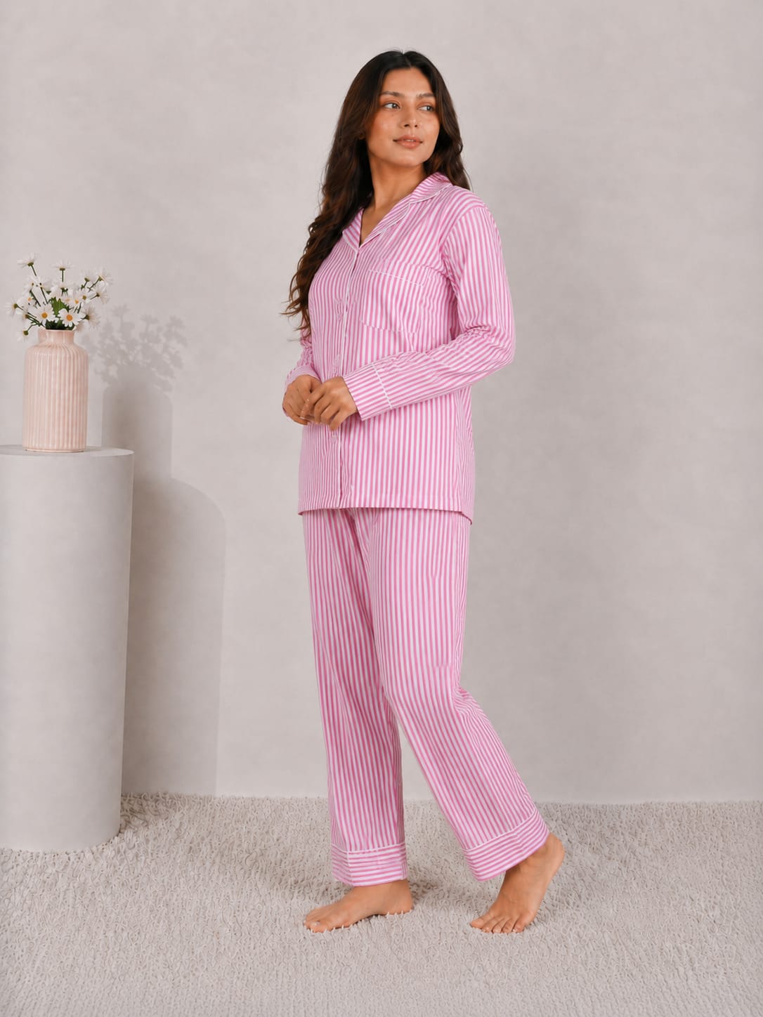 Blush Candy Luxury Linen Night Suit – Classic Pink & White Vertical Striped Full-Sleeve Loungewear Set