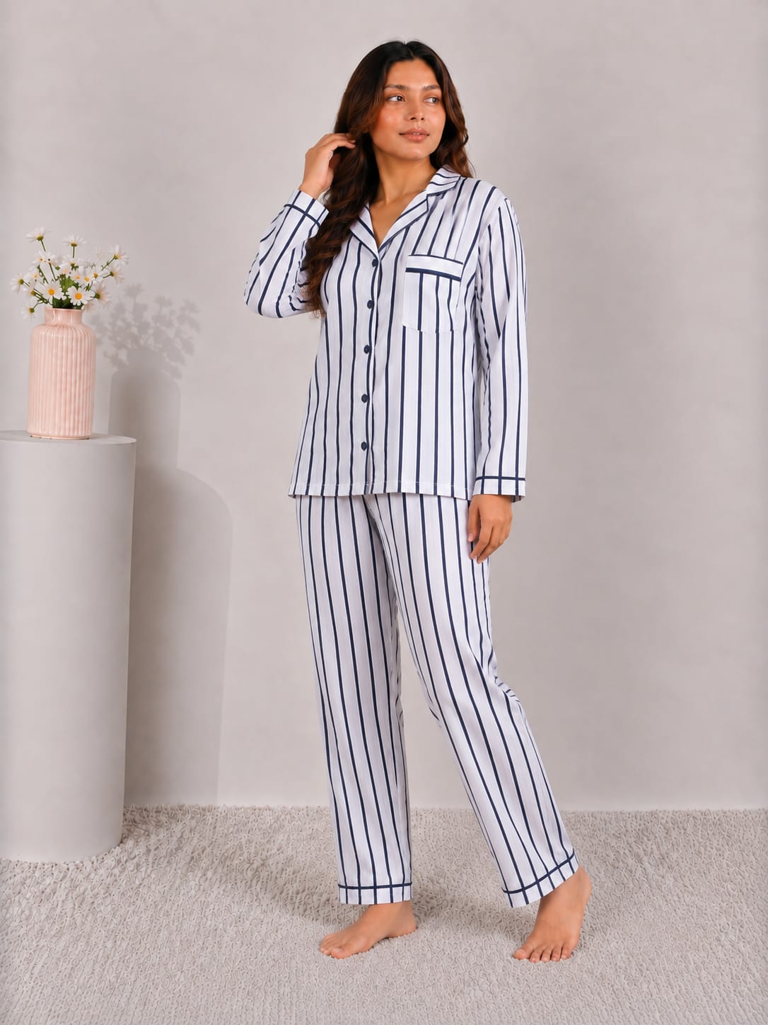 Nautical Line Luxury Linen Night Suit – Classic Navy Striped Full-Sleeve Loungewear Set