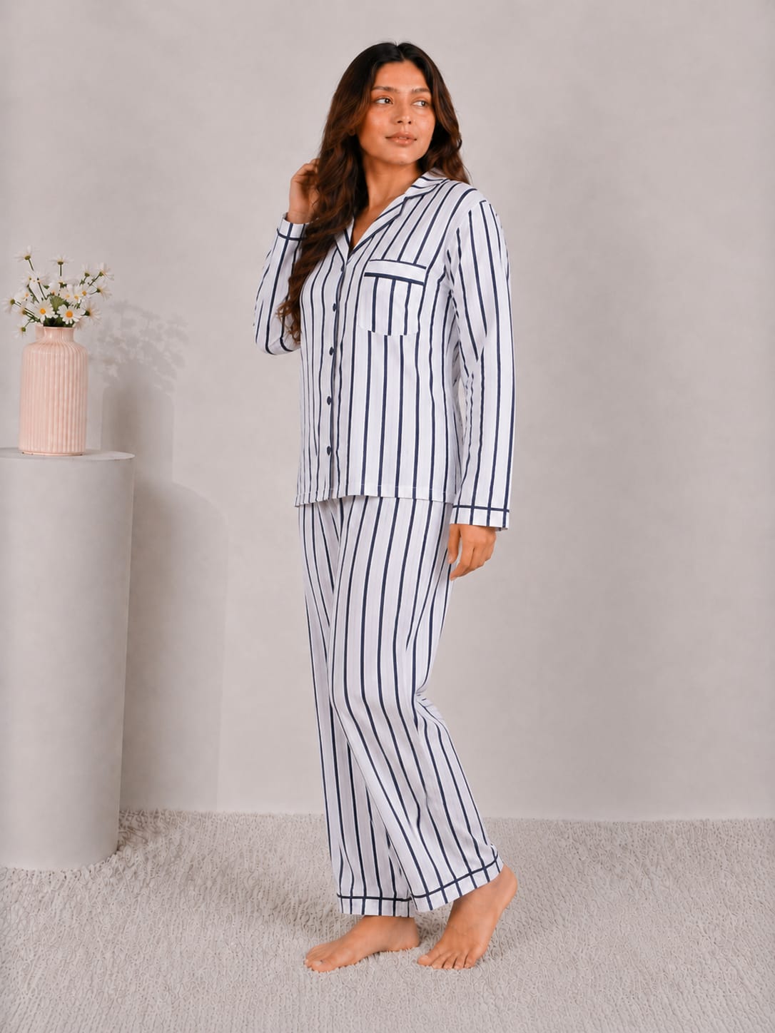 Nautical Line Luxury Linen Night Suit – Classic Navy Striped Full-Sleeve Loungewear Set