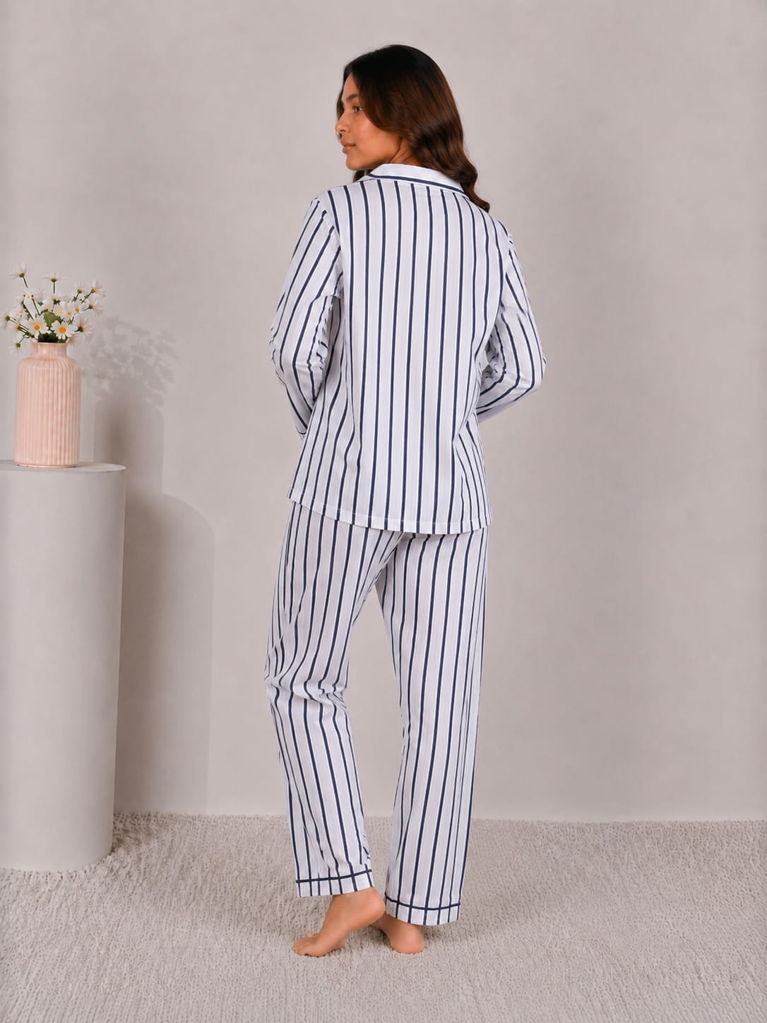 Nautical Line Luxury Linen Night Suit – Classic Navy Striped Full-Sleeve Loungewear Set