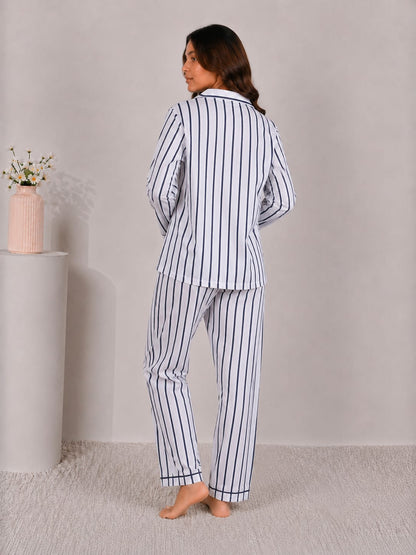 Nautical Line Luxury Linen Night Suit – Classic Navy Striped Full-Sleeve Loungewear Set