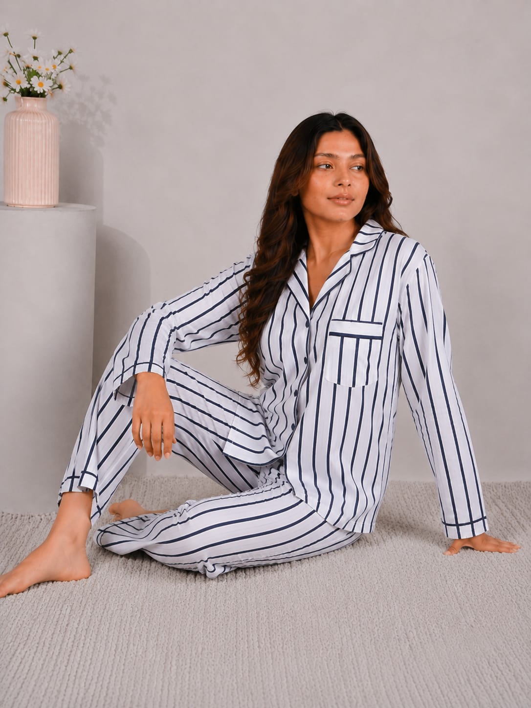 Nautical Line Luxury Linen Night Suit – Classic Navy Striped Full-Sleeve Loungewear Set